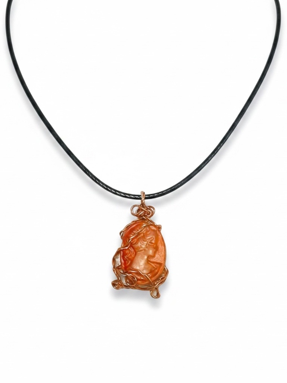 Handmade peach/orange‎ tone cameo copper wire black leather brass clasp necklace